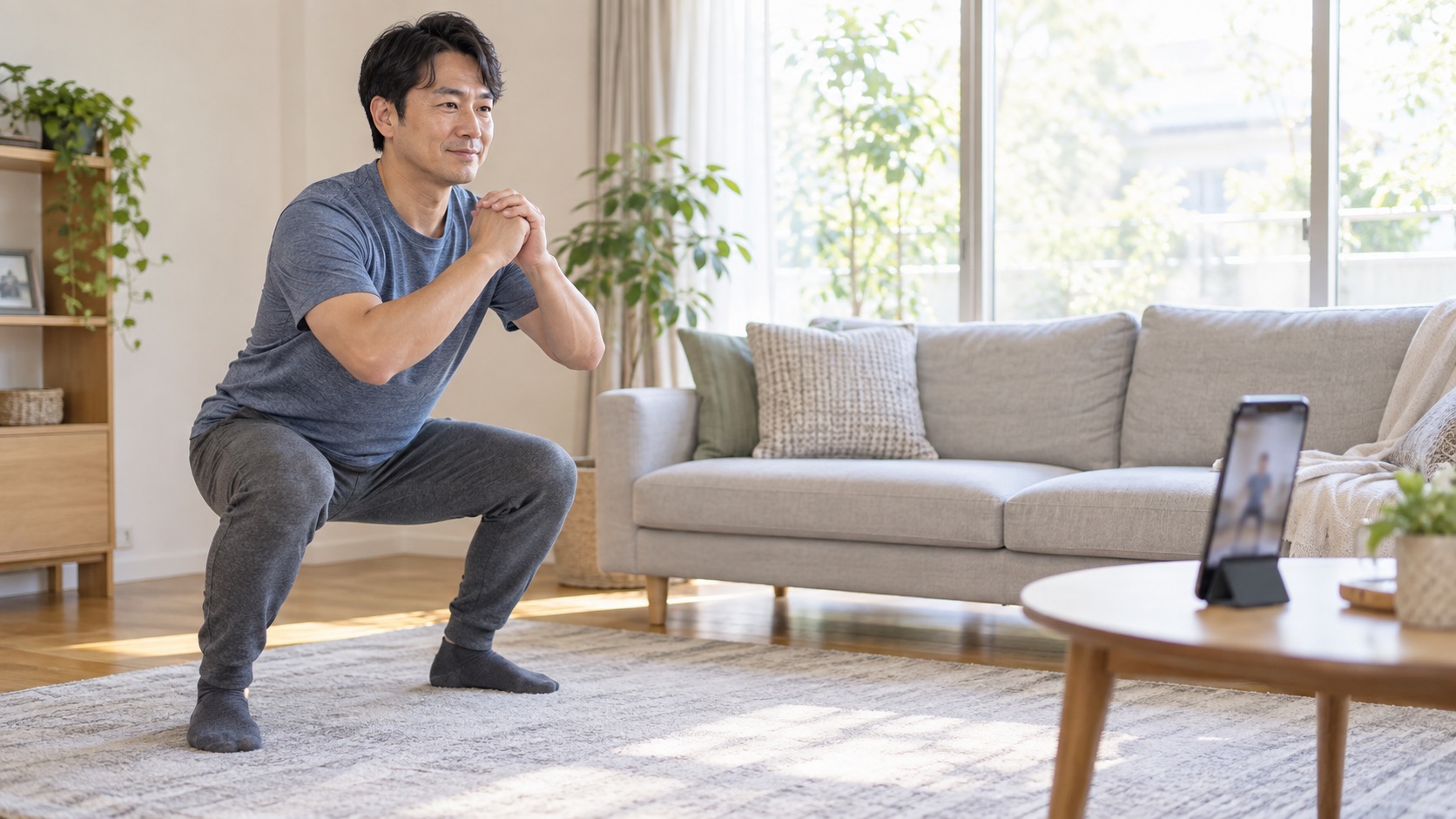 リビングで短いスクワットを行う男性とスマートフォン