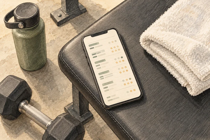 スマートフォンとタオル、水筒をジムのベンチに置いたスケッチ