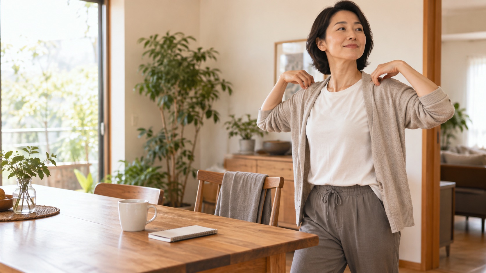 コーヒーを飲んだあとに立ち上がって肩を回す様子