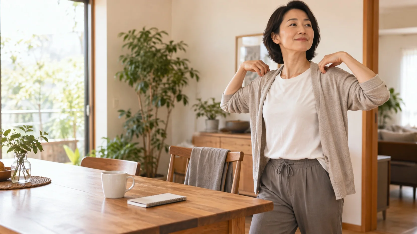 コーヒーを飲んだあとに立ち上がって肩を回す様子