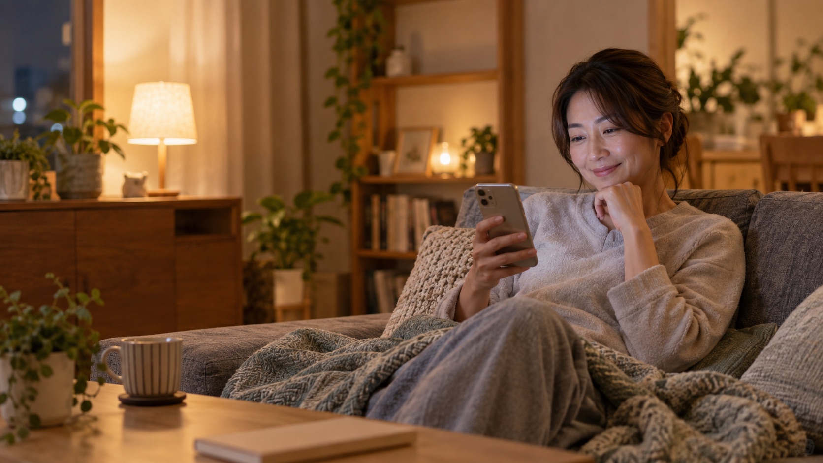 夜にスマホで記録を確認する様子