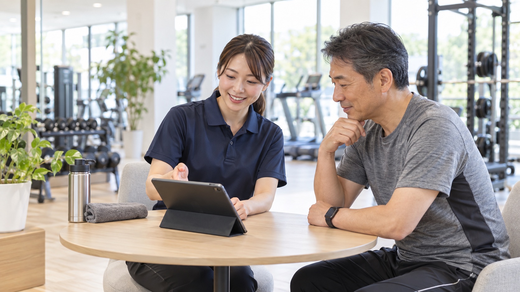 スタッフが会員と運動カルテを見ながら話す様子