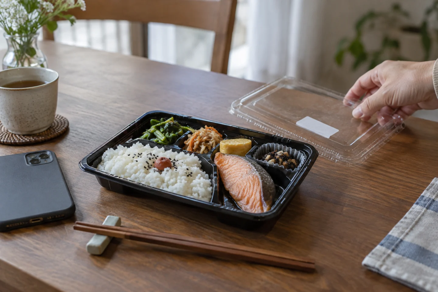 買ってきた弁当と商品ラベルを食卓に並べ、食べる前に確認する場面