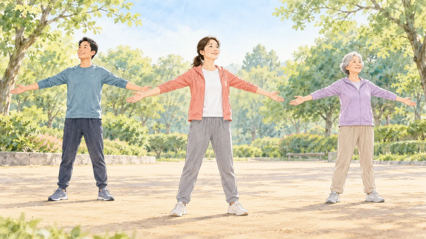 公園で腕を広げて体操する3人のスケッチ風イラスト