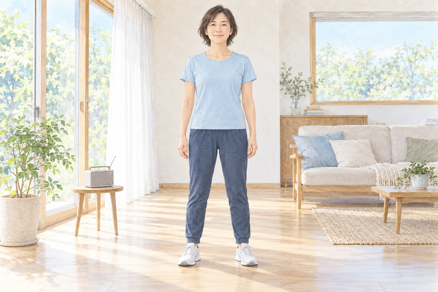 明るい室内でラジオ体操を始める前に、自然な姿勢で立つ女性