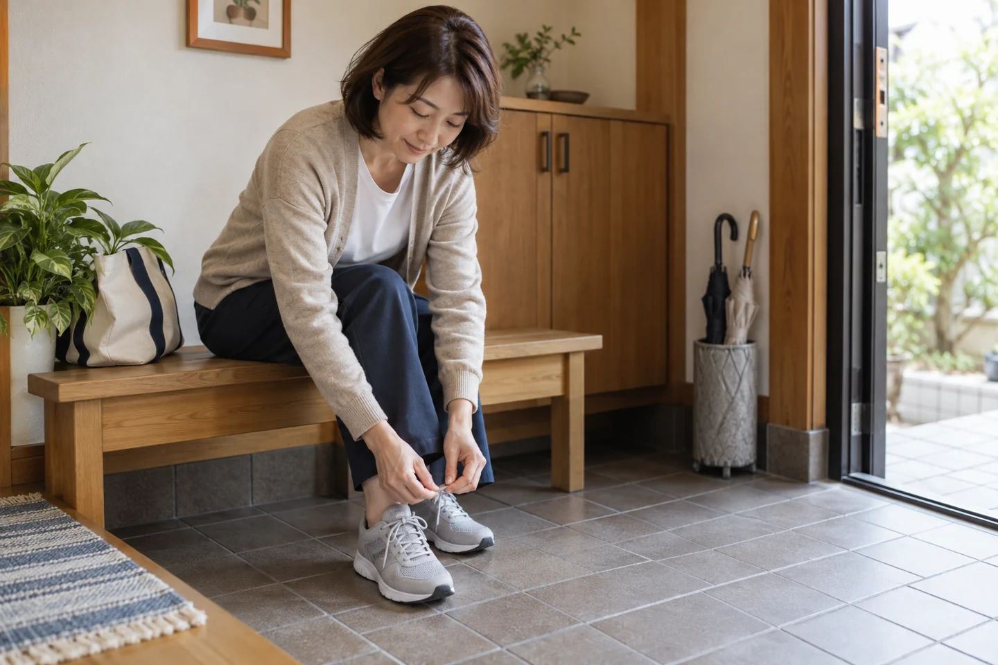 玄関のベンチに座り、散歩に出る前に靴ひもを結ぶ女性