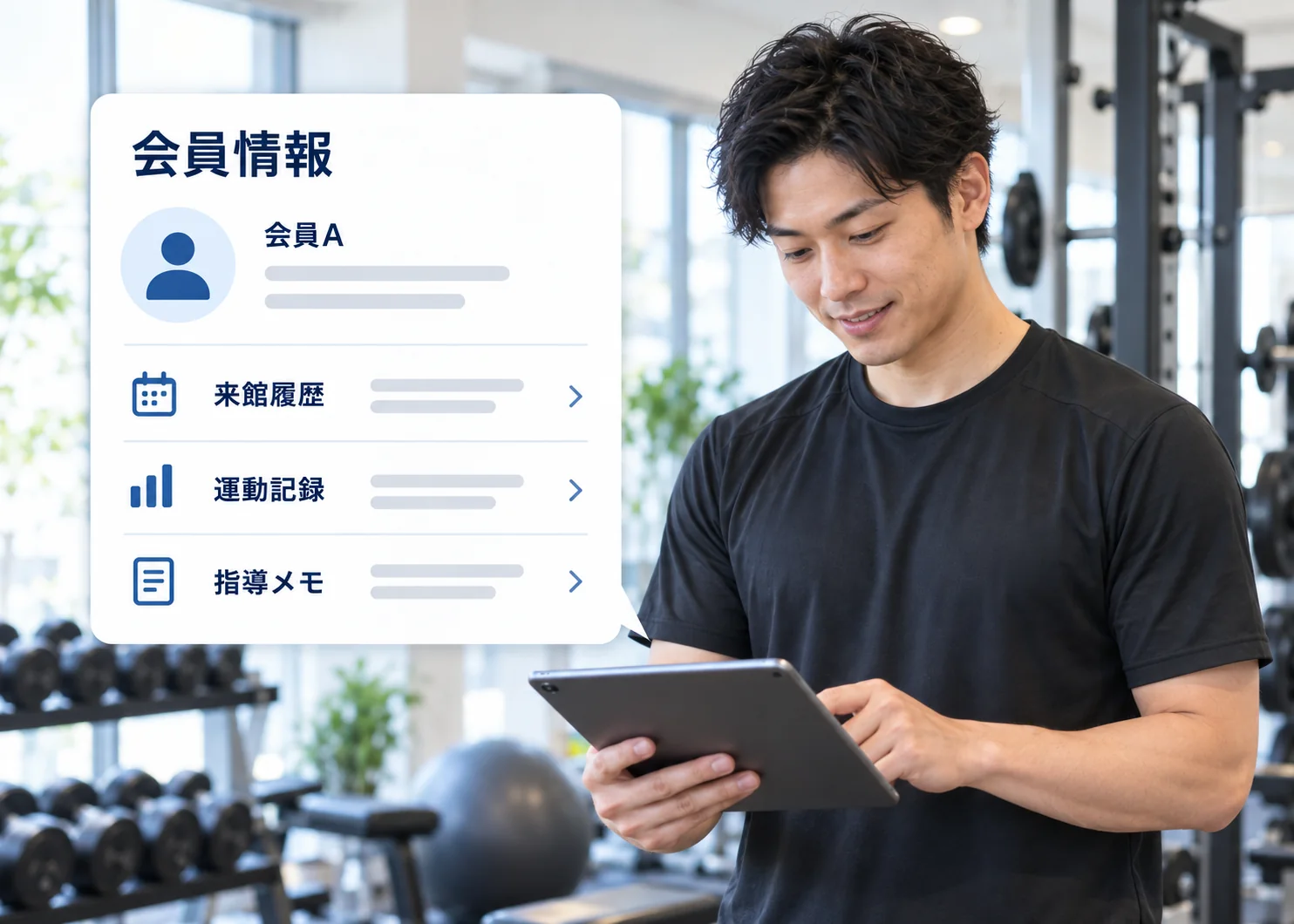会員管理画面を確認するジム担当者のイメージ